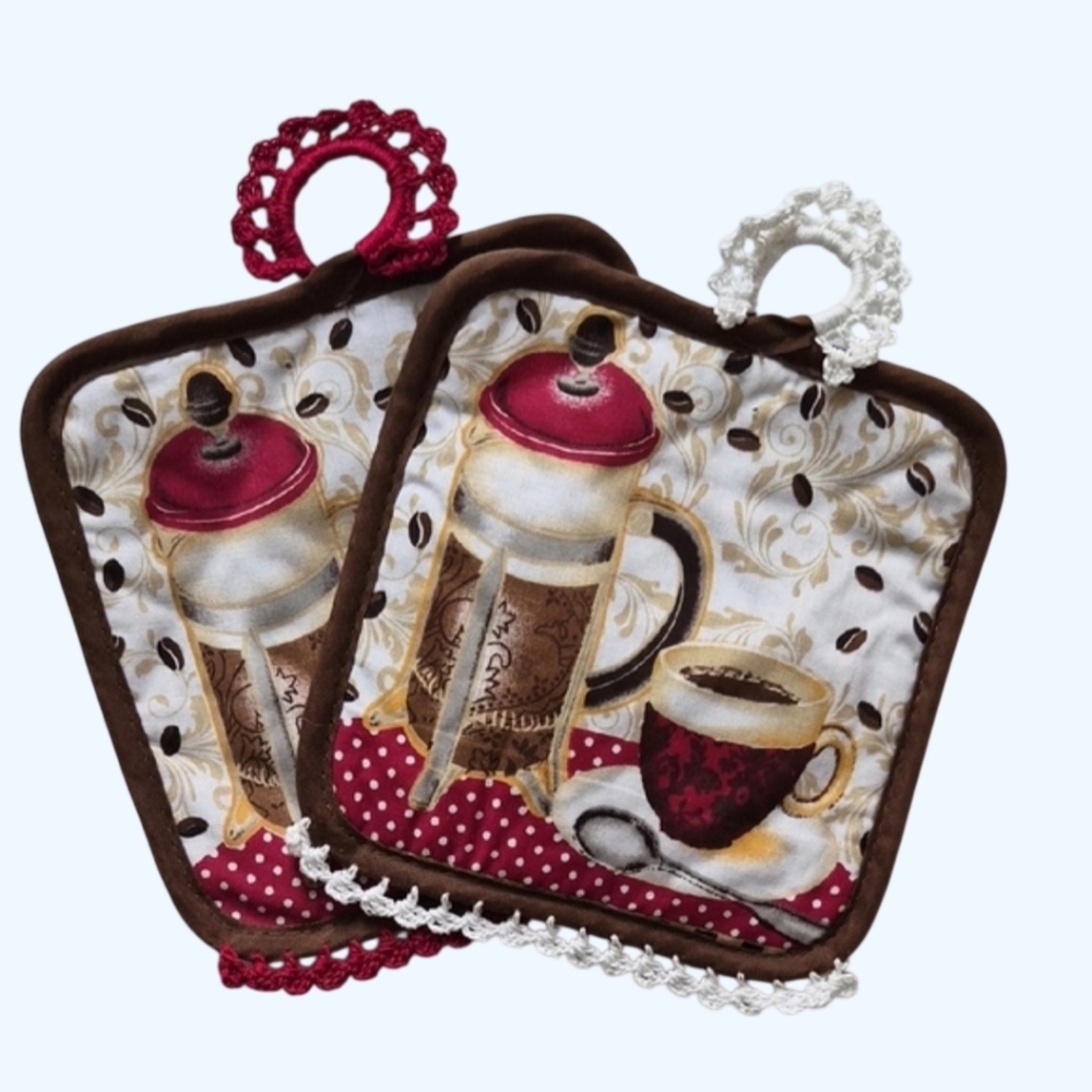 Coffee-Themed Pot Holders Set-Handmade Crocheted-Fancy Coffee Late Kitchen
